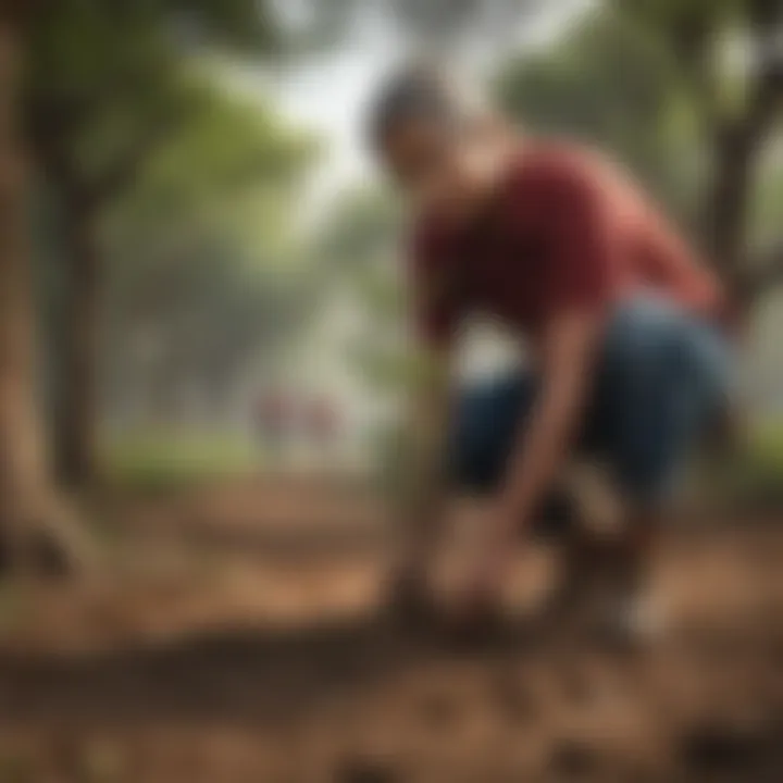 An illustration of conservation efforts with individuals planting saplings in a community.