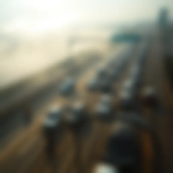 Aerial view of a congested highway with visible smog.