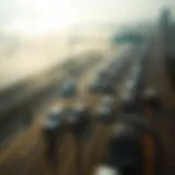 Congested Highway and Air Quality Aerial view of a congested highway with visible smog.