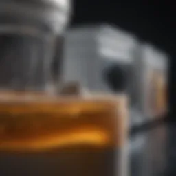 Close-up of brake fluid in a container highlighting its chemical properties.