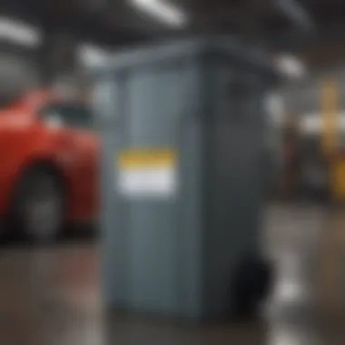 A recycling bin labeled specifically for automotive fluids.