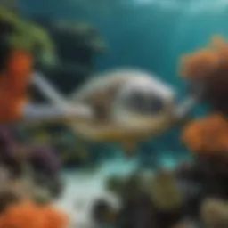 A serene underwater view of a green sea turtle gliding through coral reefs.