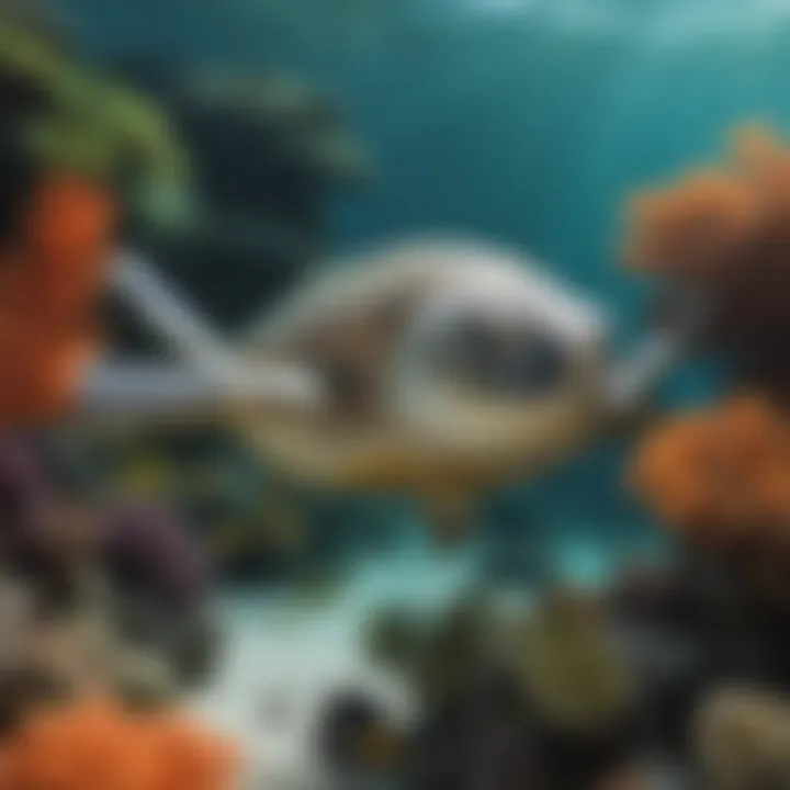 A serene underwater view of a green sea turtle gliding through coral reefs.