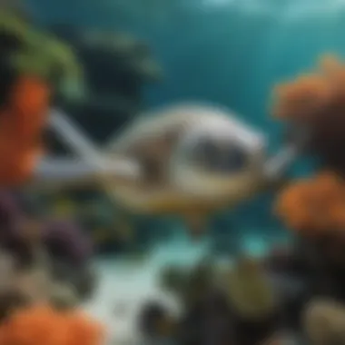 Green Sea Turtle in Coral Habitat A serene underwater view of a green sea turtle gliding through coral reefs.