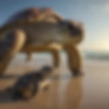 A juvenile sea turtle making its way towards the ocean from the shore.