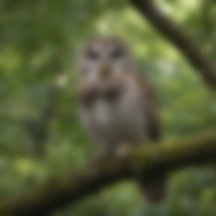 A Barred Owl resting on a branch amidst lush green foliage