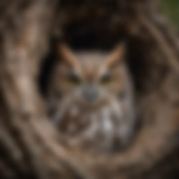 An Eastern Screech Owl nestled in a tree cavity