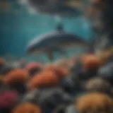 A serene underwater scene showcasing a porpoise swimming gracefully among coral reefs.