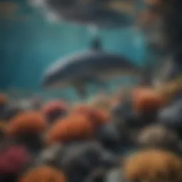 A serene underwater scene showcasing a porpoise swimming gracefully among coral reefs.