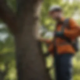 A professional arborist assessing a tree's health in a residential area