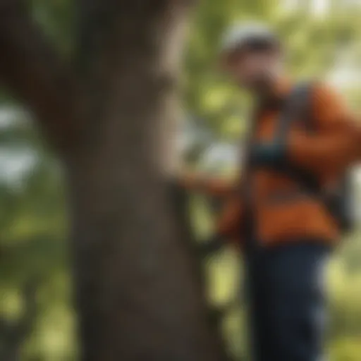 Assessing Tree Health by a Residential Arborist A professional arborist assessing a tree's health in a residential area