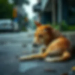 A stray dog resting on the street, embodying the plight of abandoned animals