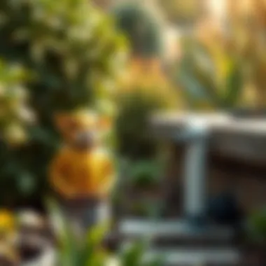 Sustainable Water Management with Rain Spouts Rain water management system in a sustainable landscape