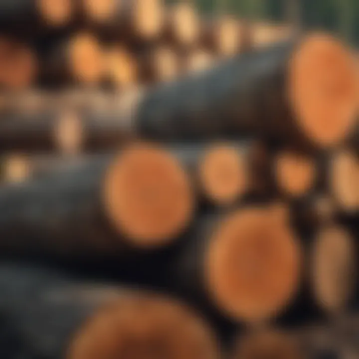 Close-up of timber logs ready for processing in a logging yard.