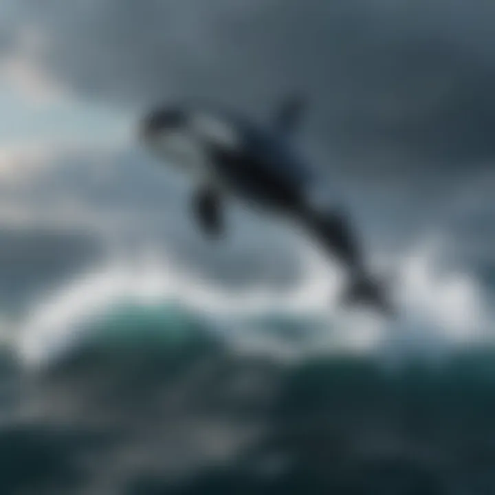 Majestic killer whale leaping out of the deep ocean waters with splashes