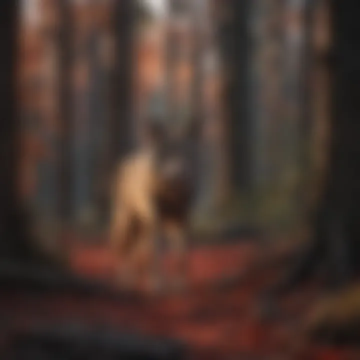 Tranquil forest scene with a subtle red light filtering through the trees