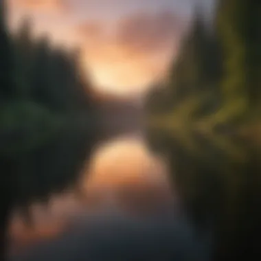 Tranquil Lake Sunset Stunning sunset over a tranquil lake surrounded by lush greenery