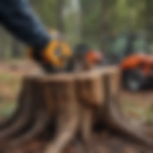 A detailed view of a tree stump being removed using advanced machinery