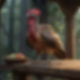 Turkey perching on a wooden roost