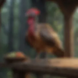 Turkey perching on a wooden roost