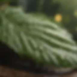 Green leaf with droplets of essential oil