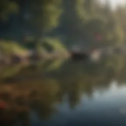 A serene lake setting with small crafts ready for use, highlighting the tranquility of water safety.