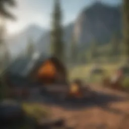 Scenic view of a tranquil campsite surrounded by mountains