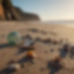 A serene beach littered with various types of waste