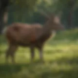 A deer grazing in a lush green meadow with various plants.