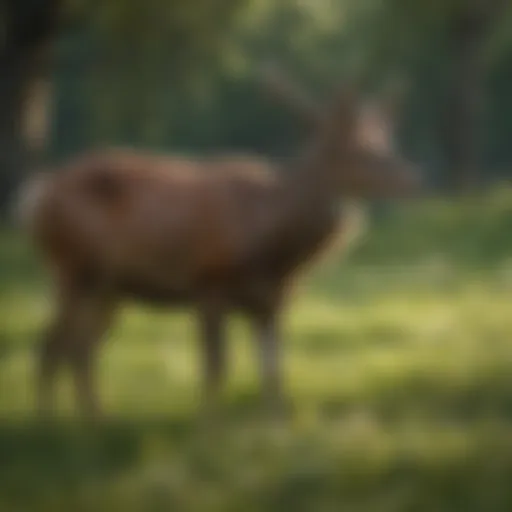 A deer grazing in a lush green meadow with various plants.