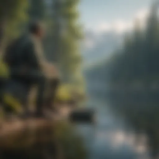 A serene lakeside scene showcasing anglers practicing sustainable fishing.