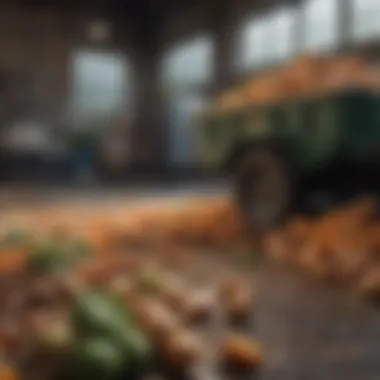 An artistic representation of various sustainable practices to combat food waste, such as composting and food donation.