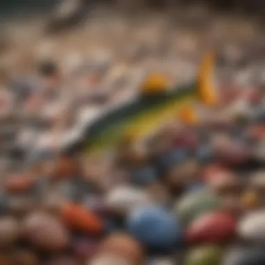 Close-up of a fishing lure resting on a bed of colorful pebbles