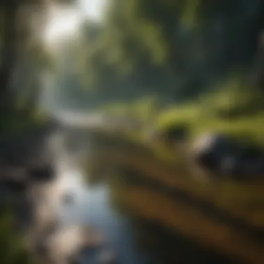 Scenic Riverbank View A picturesque riverbank with lush greenery and a clear water flow