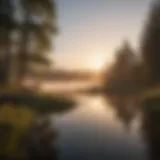 A serene freshwater lake at dawn, with mist rising from the water