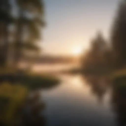 A serene freshwater lake at dawn, with mist rising from the water