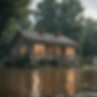 Risks of Flooding for Homeowners A house partially submerged in floodwaters, illustrating the risks homeowners face in flood-prone areas.
