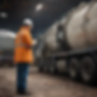 Safety Inspection of Waste Disposal Equipment Technician conducting a safety inspection of waste disposal equipment