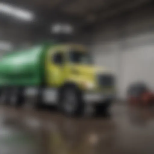 A specialized truck for liquid waste removal parked at a treatment facility