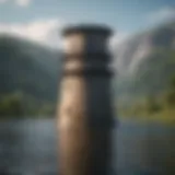 A detailed view of a reservoir tower structure surrounded by water