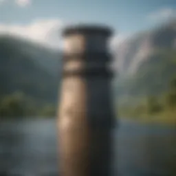 A detailed view of a reservoir tower structure surrounded by water