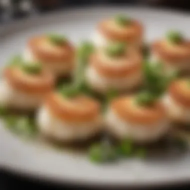 An artistic arrangement of prepared scallops served with fresh garnishes on a plate.