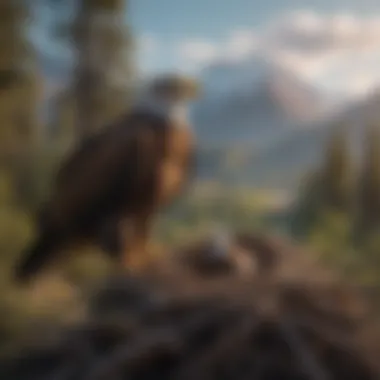 Adult Eagle Overseeing Nesting Area A majestic adult eagle perched near its nest, surveying the surrounding landscape.