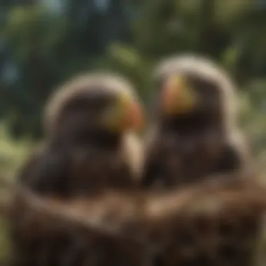 A close-up view of eaglets in the nest, showcasing their developing feathers and curious expressions.