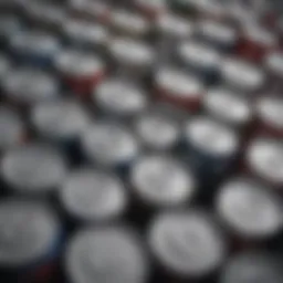 Close-up view of aluminum cans stacked for recycling