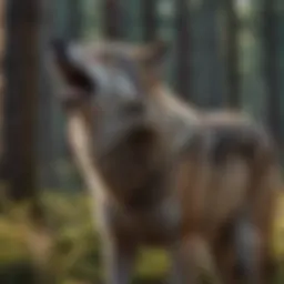 A majestic wolf howling in a forest setting
