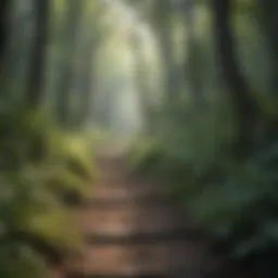 A serene forest trail surrounded by lush greenery