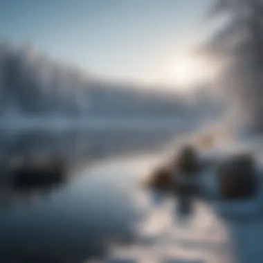 Snow-covered fishing gear by a frozen lake