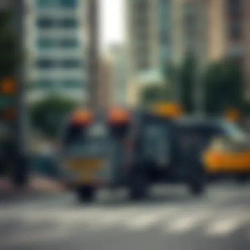 Urban garbage collection vehicle navigating city streets