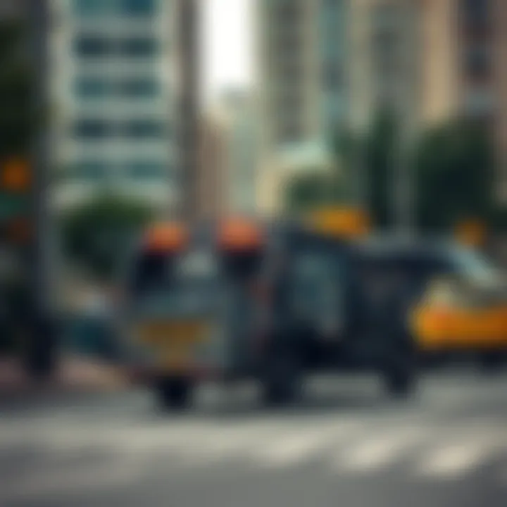 Urban garbage collection vehicle navigating city streets